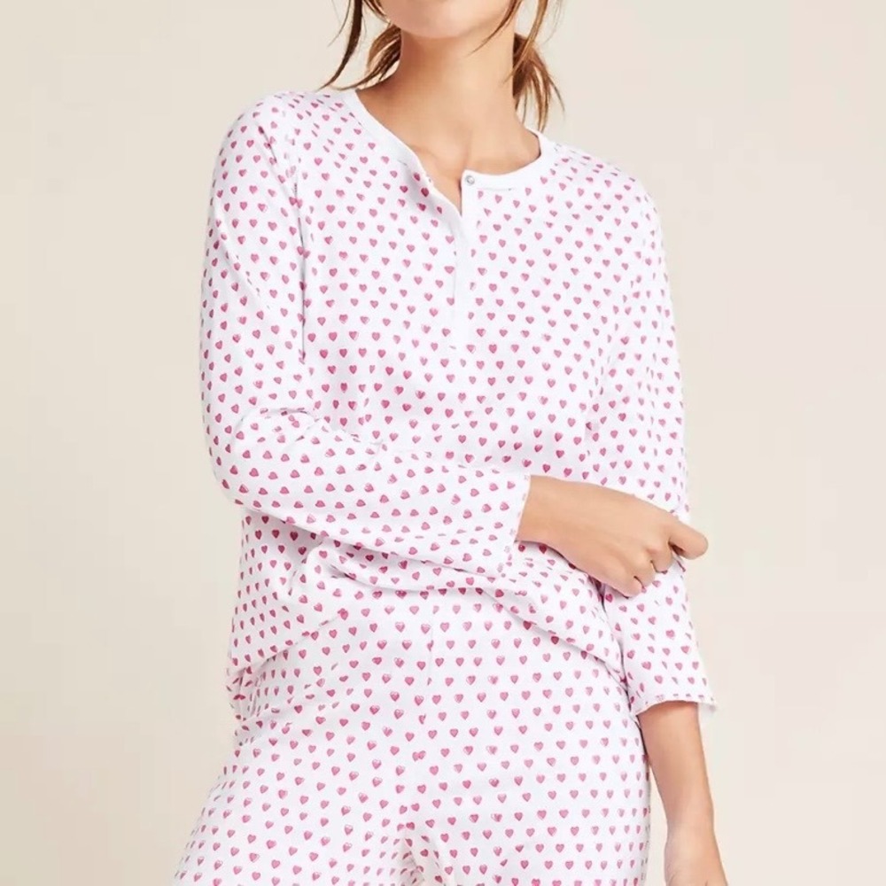 Anthropologie Roller Rabbit Pink Hearts Sleep Long Sleeve 100% Cotton Shirt SZ S